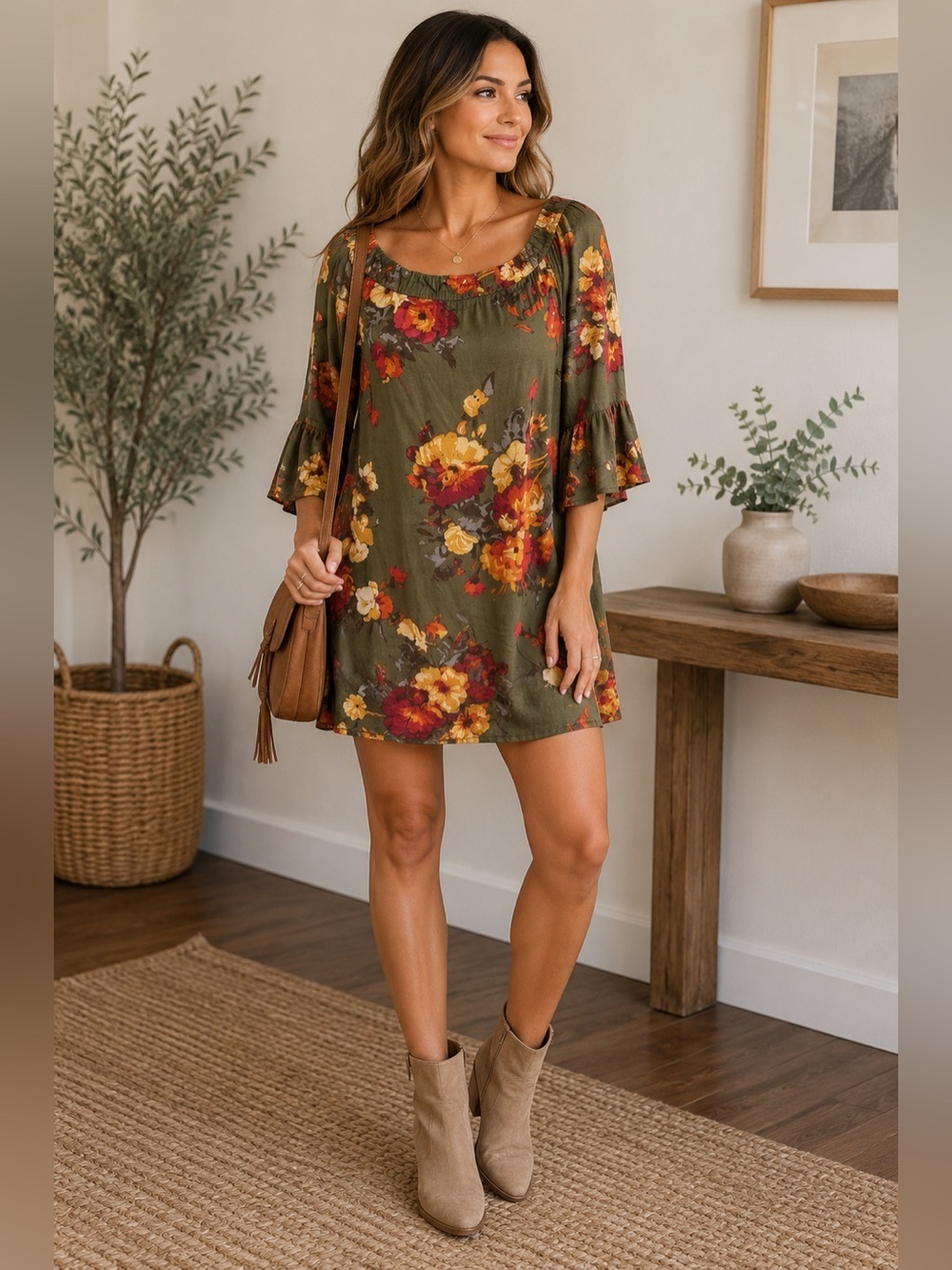 Blu Pepper‎ Boutique Medium Olive Green Floral Dress
